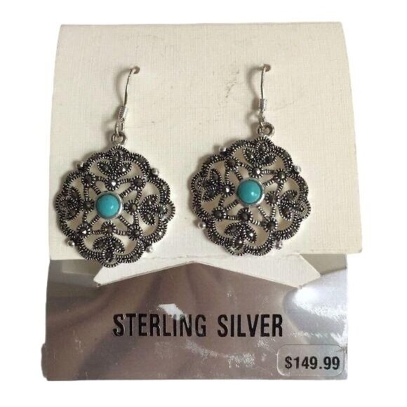 NEW Sterling Silver Turquoise Marcasite Ea… - Picture 1 of 5